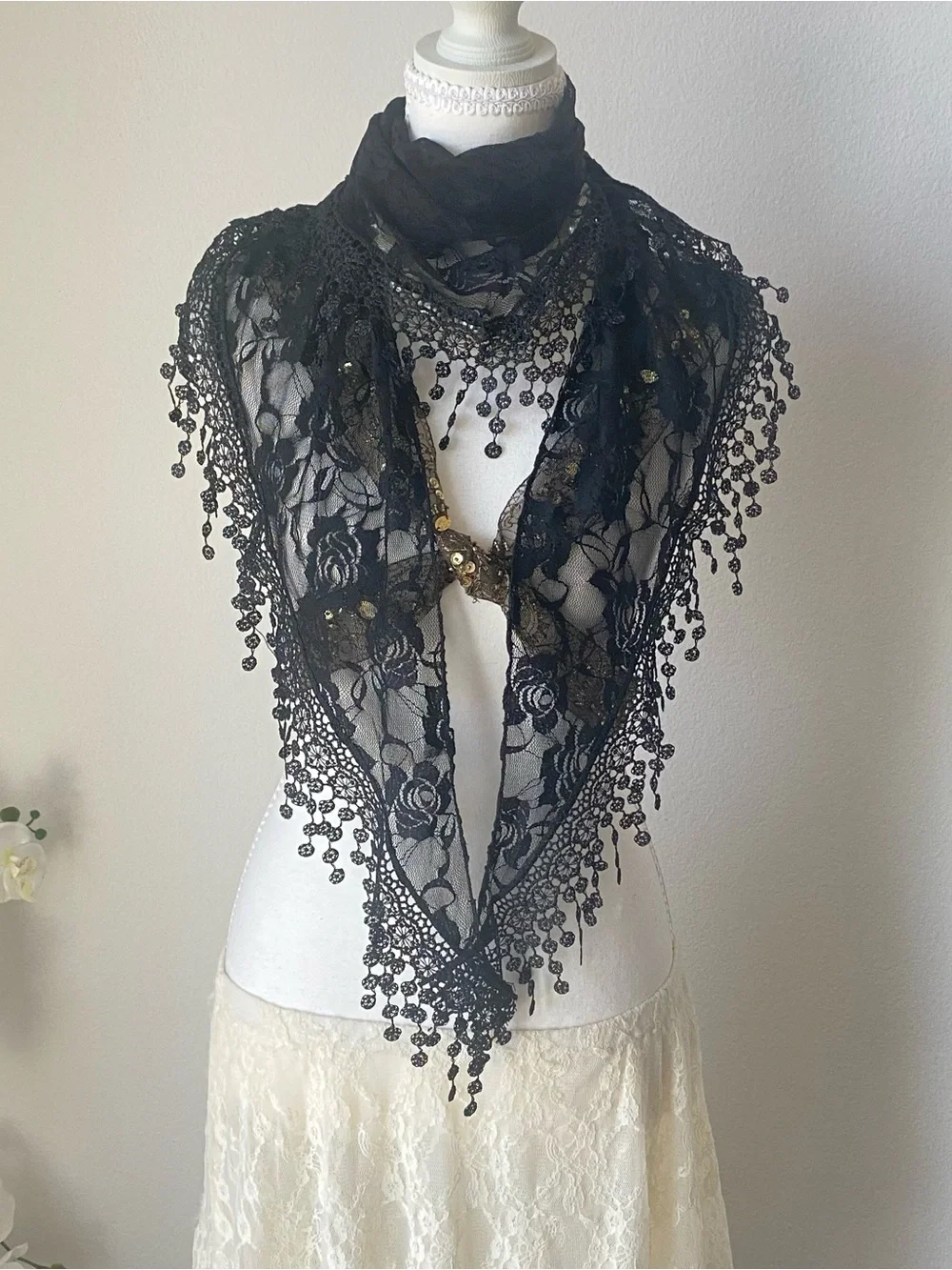 Black Lace Triangle Scarf with Beaded Fringe